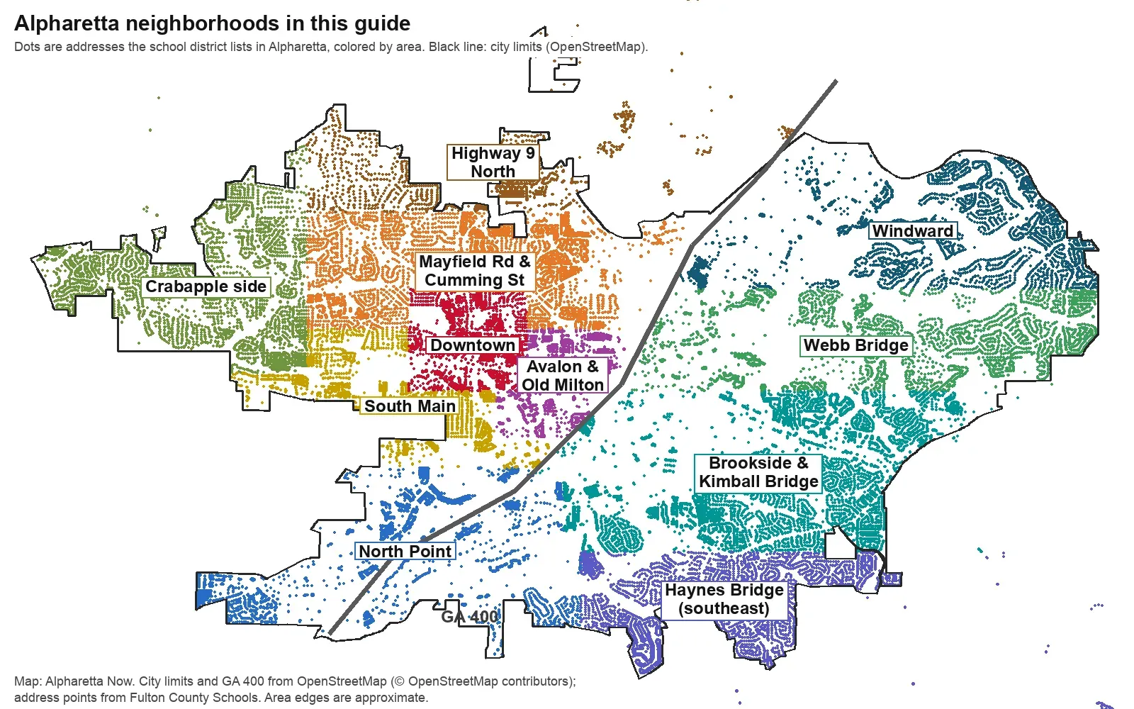 Map of Alpharetta divided into 11 colored areas: Crabapple side in the west; Highway 9 North, Mayfield Road and Cumming Street, Downtown, Avalon and South Main in the middle west of Georgia 400; North Point straddling the highway in the south; Windward, Webb Bridge, Brookside and Kimball Bridge, and Haynes Bridge in the east