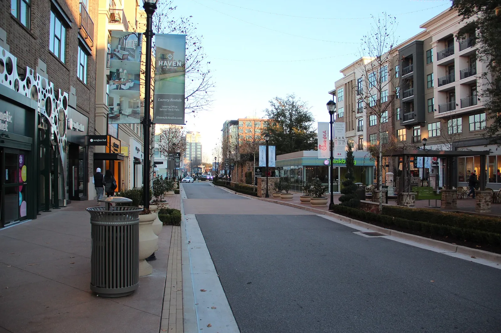 Shops and apartments along a street at Avalon, Alpharetta, on New Year's Day