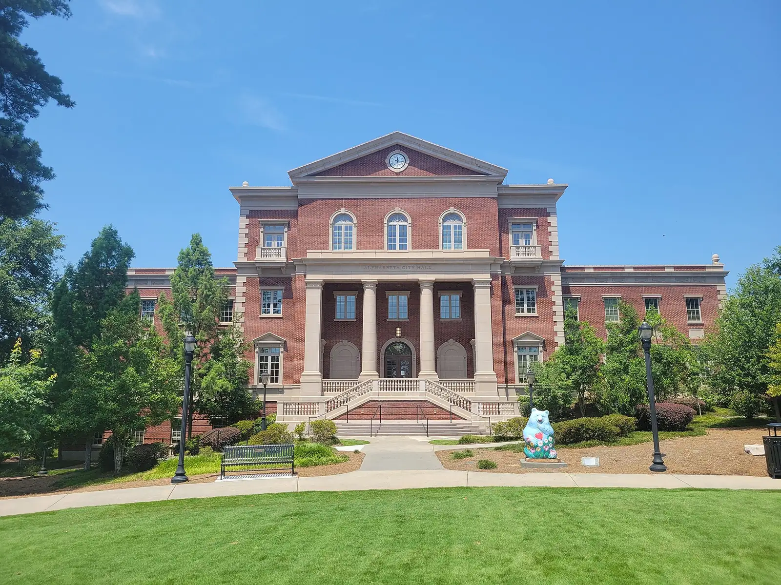 Alpharetta City Hall. The farmers market sets up on the Town Green in front of it on Saturday mornings.