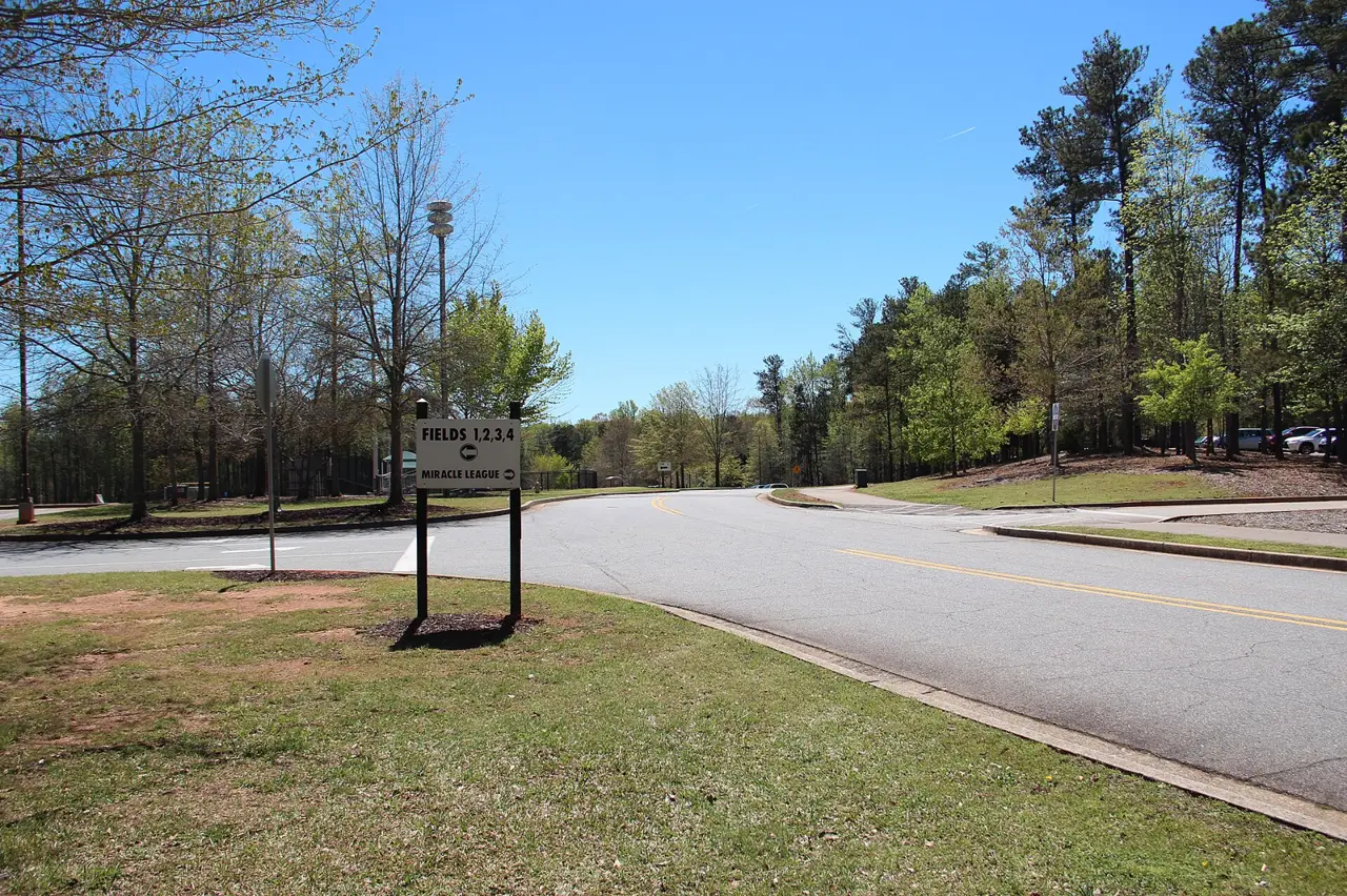 The road to the ball fields and the Miracle League field at North Park, Alpharetta
