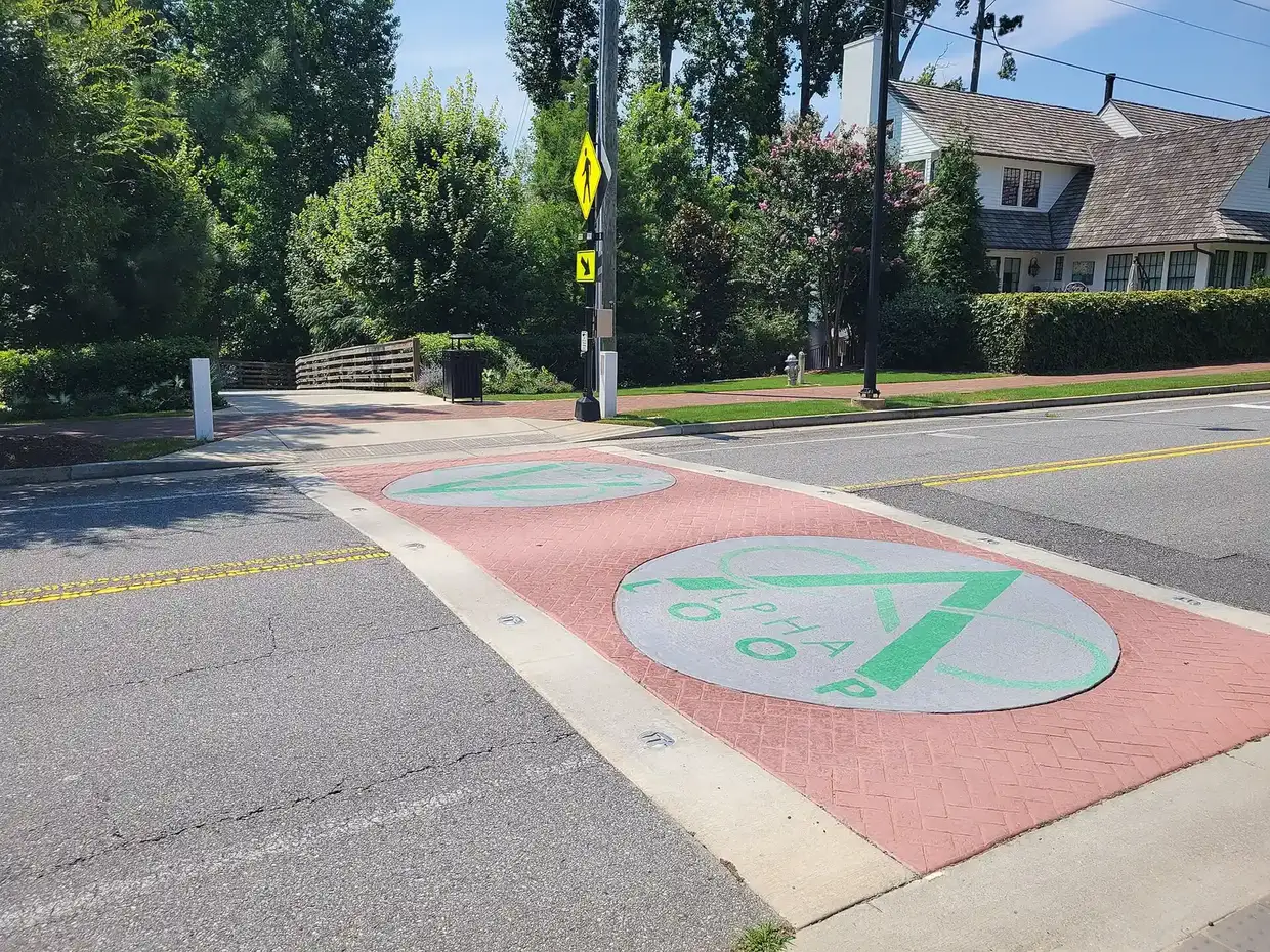 An Alpha Loop crosswalk in Alpharetta, about a mile southwest of the school
